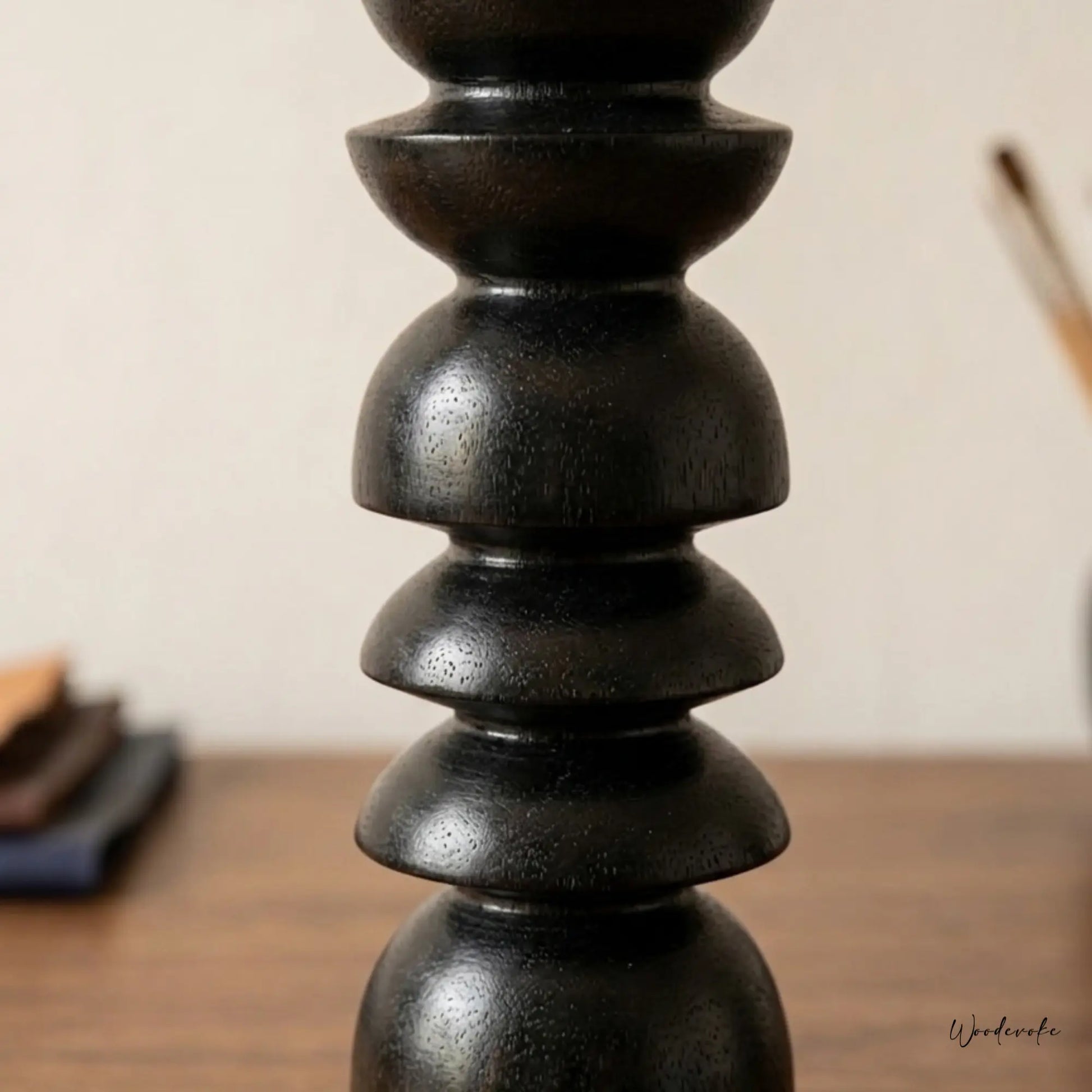 Black stacked wooden table lamp side view — natural solid wood lamp by Wood Evoke Lahore