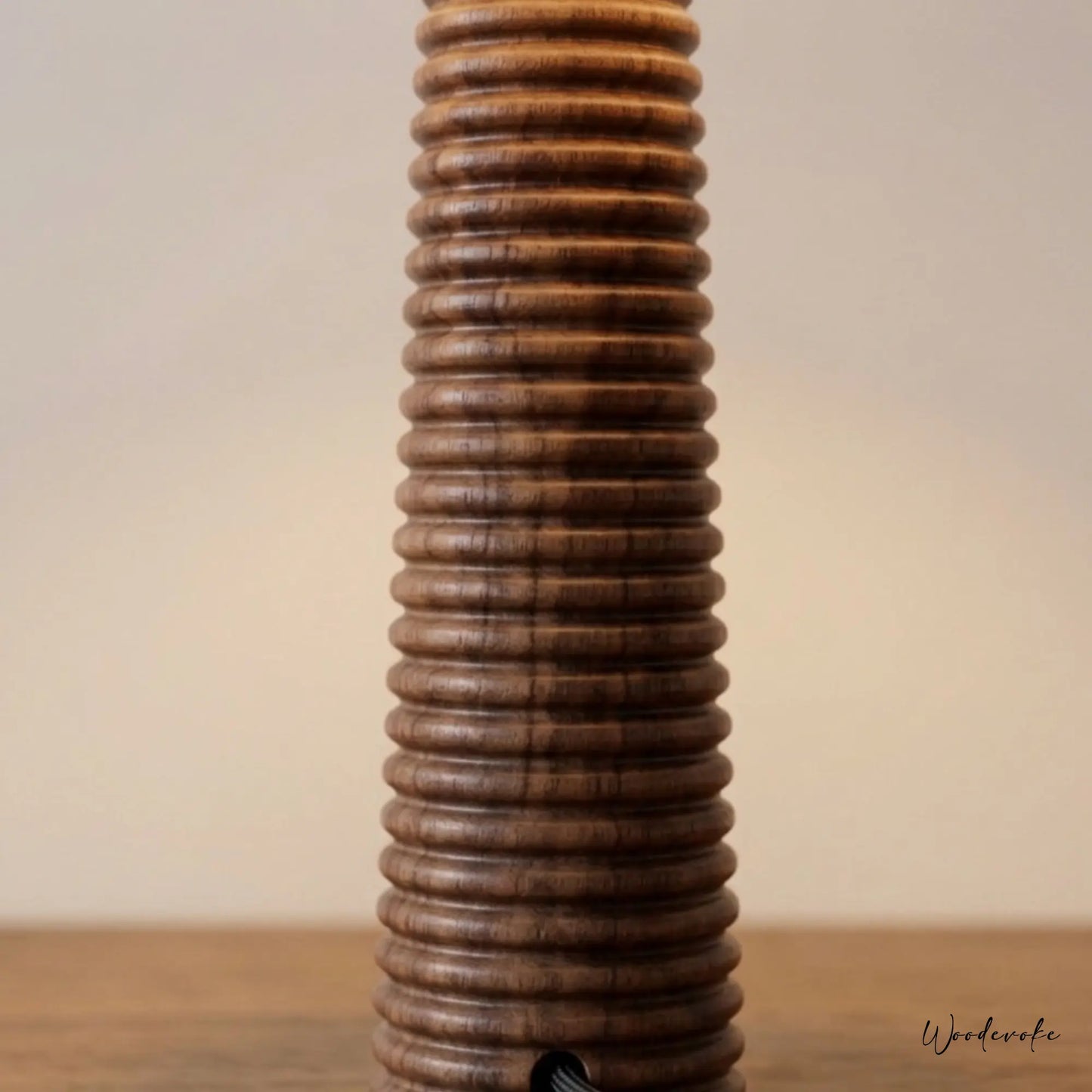 Wooden side table lamp close up — natural wood grain table lamp by Wood Evoke Lahore