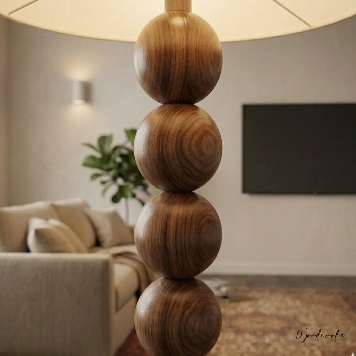 Minimalist wooden floor lamp close up — natural solid wood standing lamp by Wood Evoke Lahore