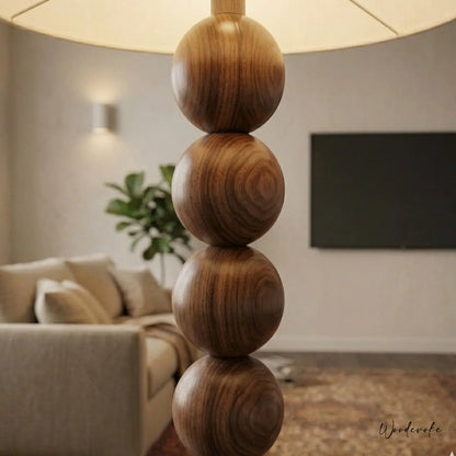 Minimalist wooden floor lamp close up — natural solid wood standing lamp by Wood Evoke Lahore