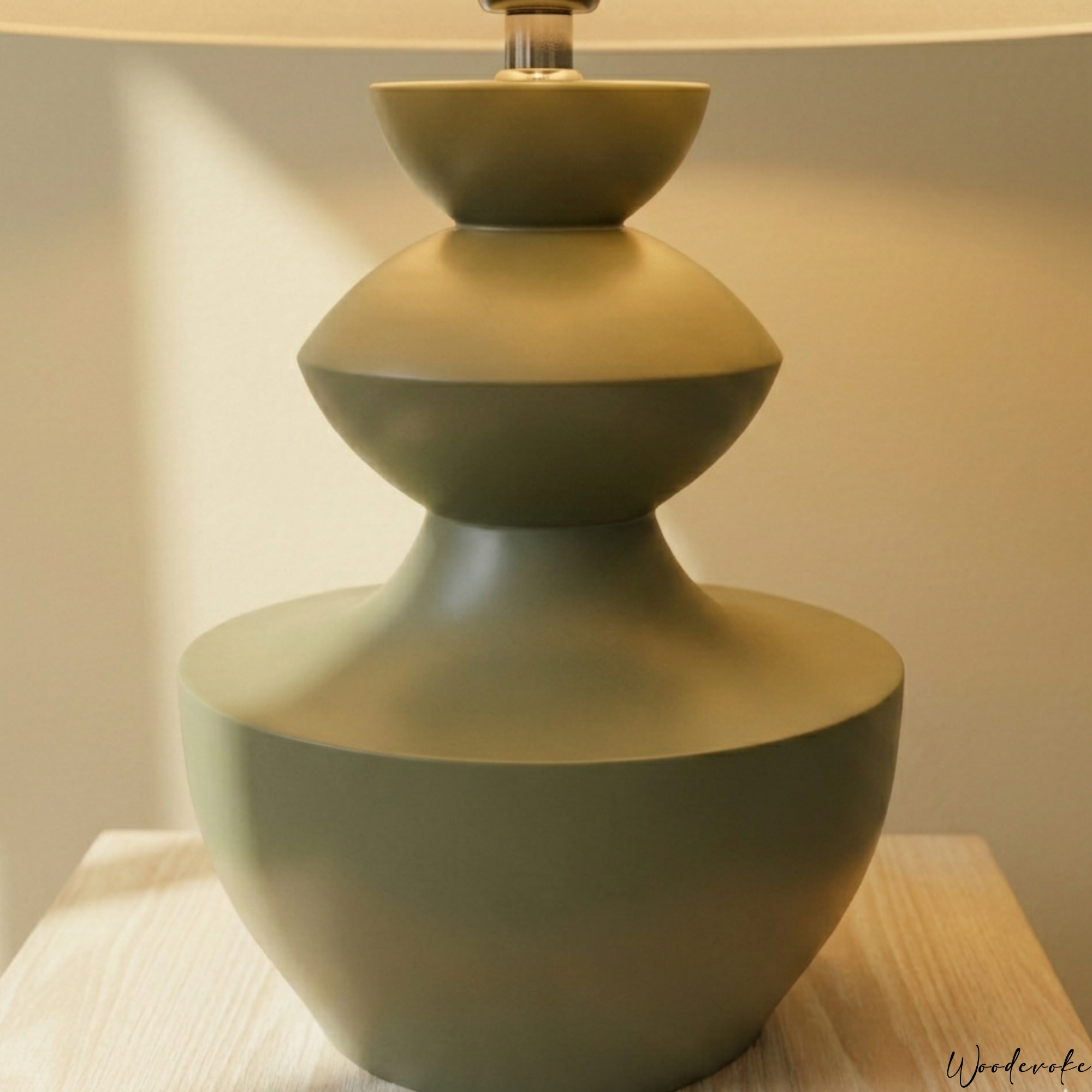 Modern Sage Green Polish Sculpted Wooden Table Lamp with Minimalist Linen Shade