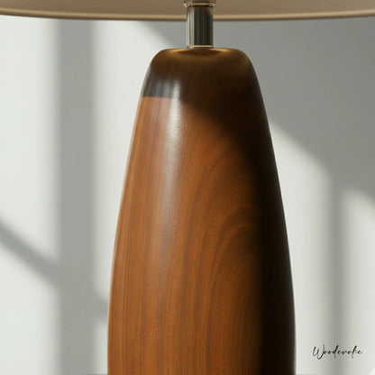 Acacia wood table lamp side view — warm brown natural wood lamp by Wood Evoke Lahore Pakistan