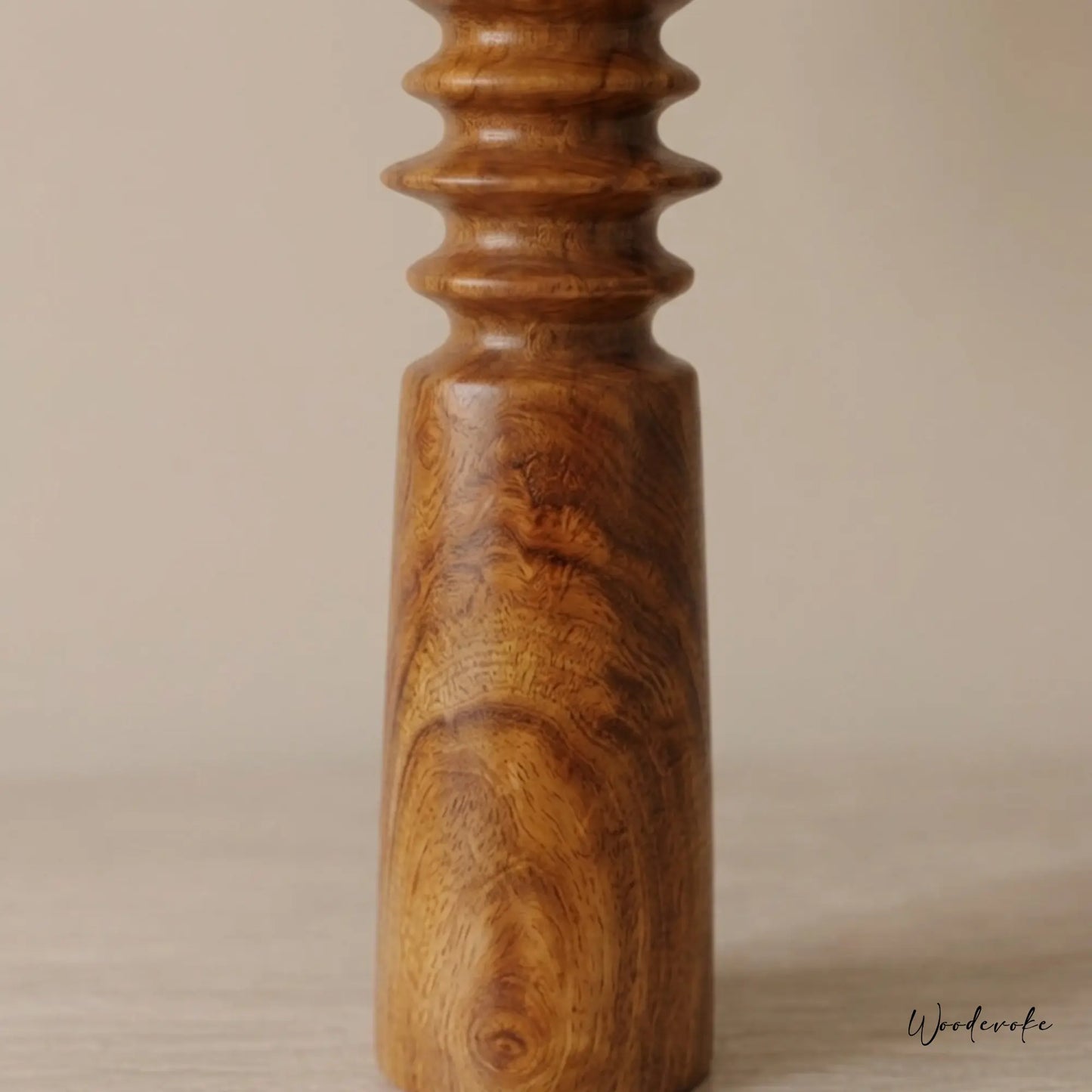 Red wooden table lamp side view — warm rustic natural wood table lamp with fabric shade Wood Evoke
