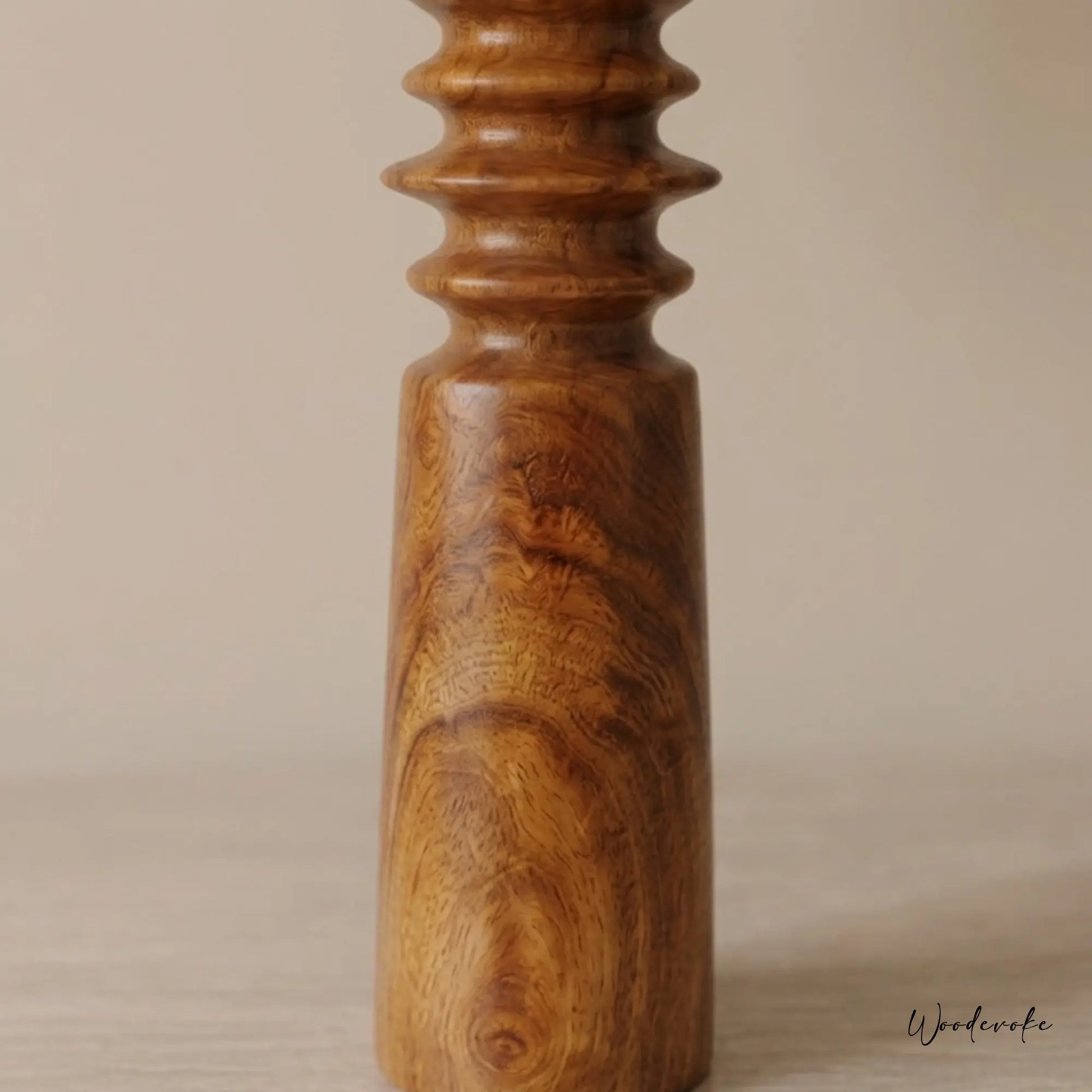 Red wooden table lamp side view — warm rustic natural wood table lamp with fabric shade Wood Evoke