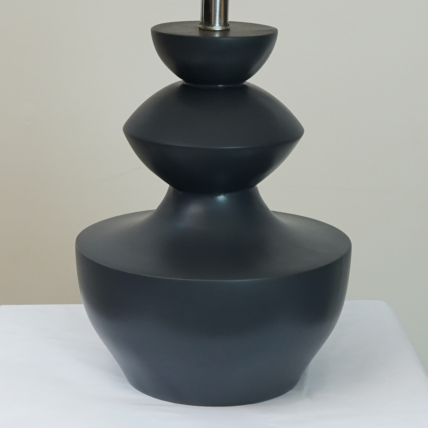 Modern Charcoal Grey Sculpted Wooden Table Lamp with Minimalist Linen Shade