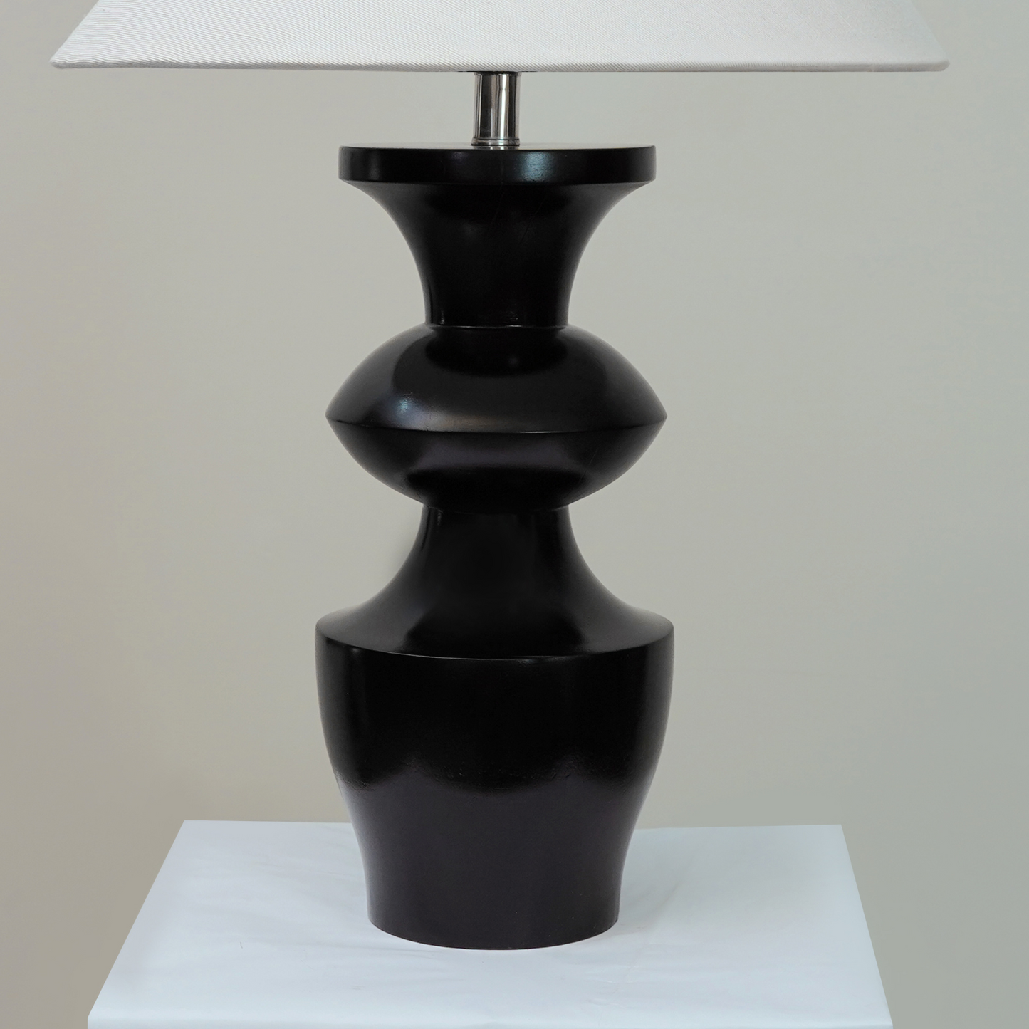 Modern Sculptural Black Wooden Table Lamp with Linen Shade