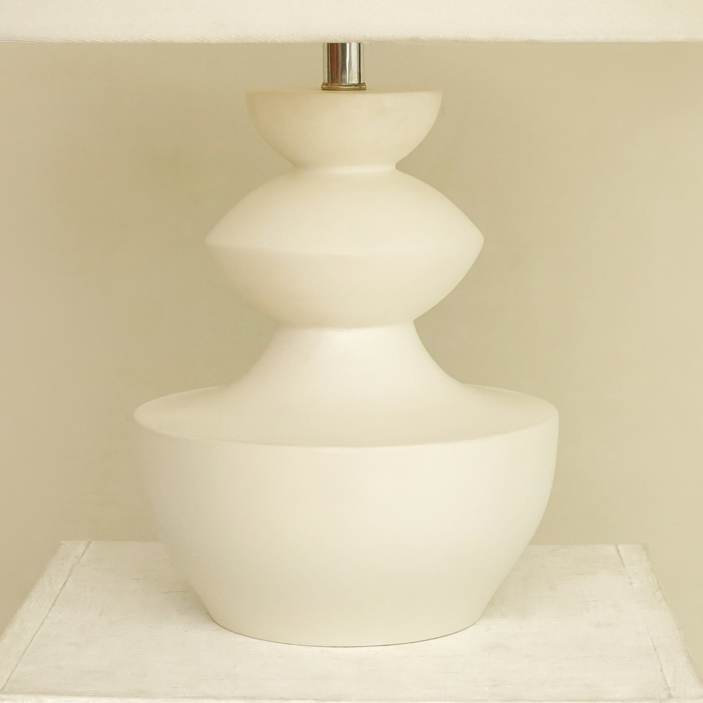 Modern White Polish Sculpted Wooden Table Lamp with Minimalist Linen Shade