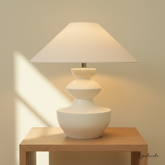 Modern White Polish Sculpted Wooden Table Lamp with Minimalist Linen Shade