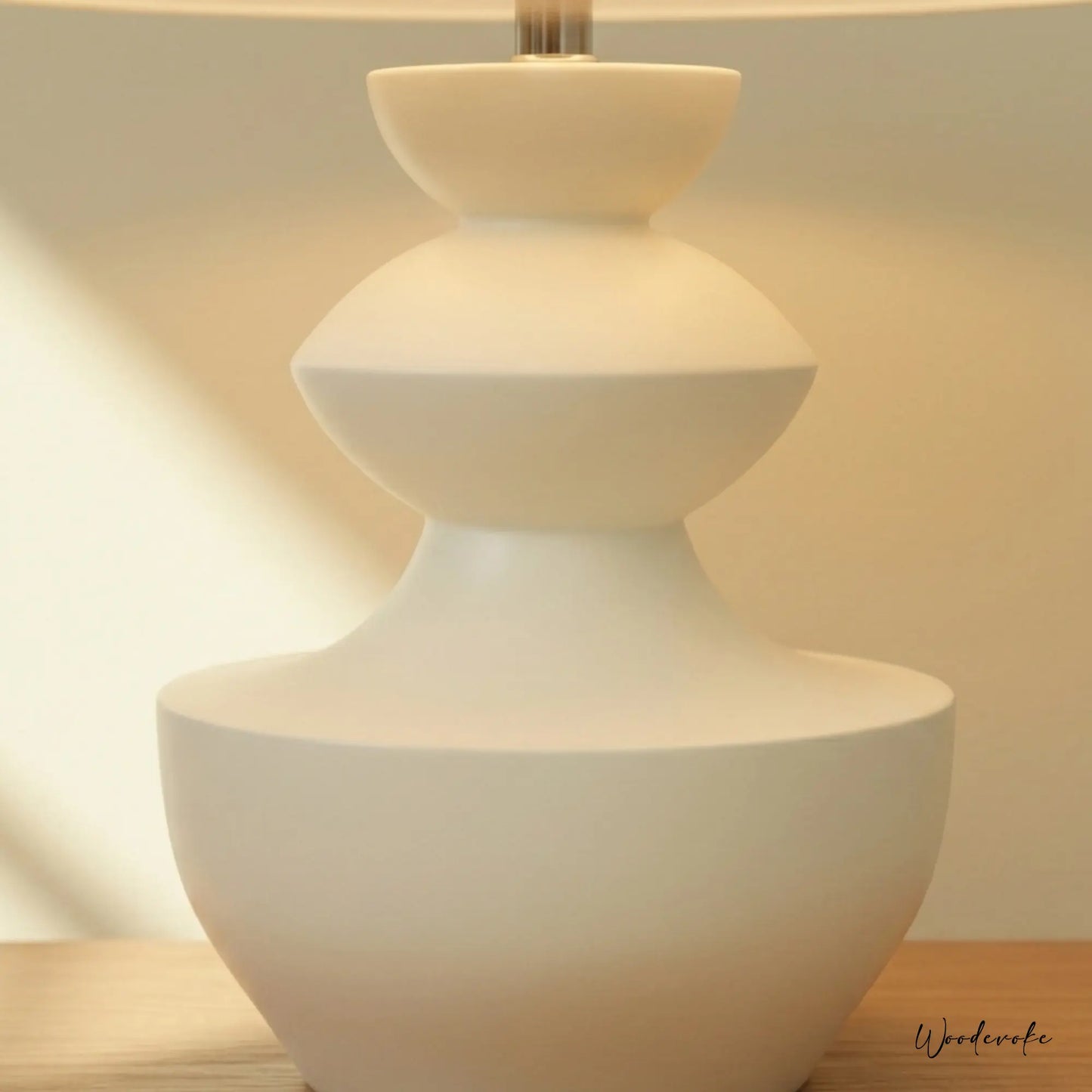 White polish wooden table lamp close up — solid natural wood lamp with off white linen shade Wood Evoke