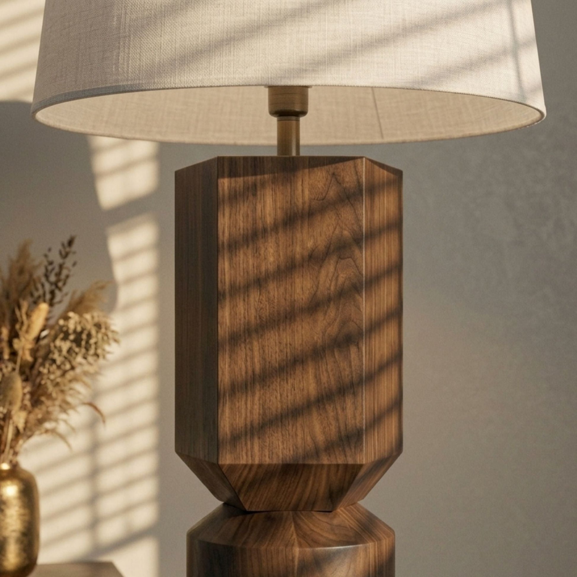 Geometric wooden floor lamp side view — handcrafted solid natural wood floor lamp Lahore