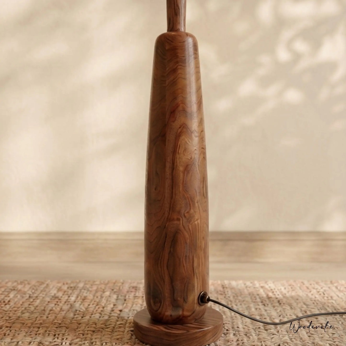 Handmade wooden floor lamp side view — solid wood standing floor lamp by Wood Evoke Lahore