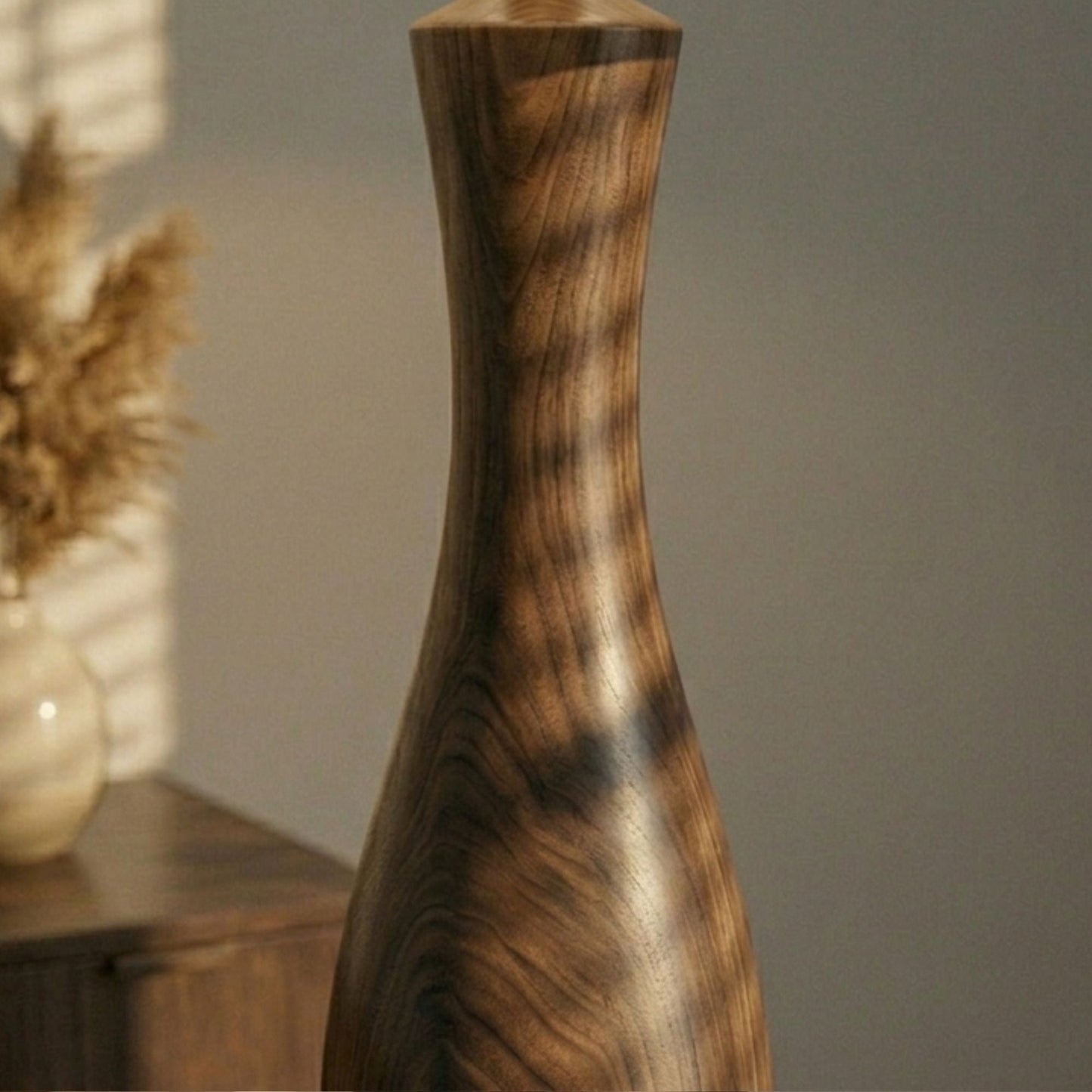 Hourglass wooden floor lamp side view — handcrafted solid natural wood floor lamp Lahore