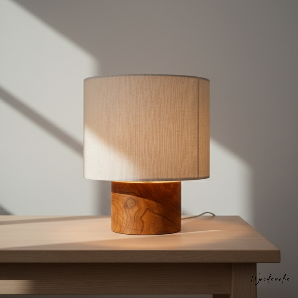 Rustic Wood Cylinder Table Lamp with Drum Shade – Natural Style