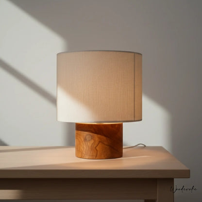 Rustic cylinder wooden table lamp with drum shade — natural solid wood table lamp by Wood Evoke Pakistan
