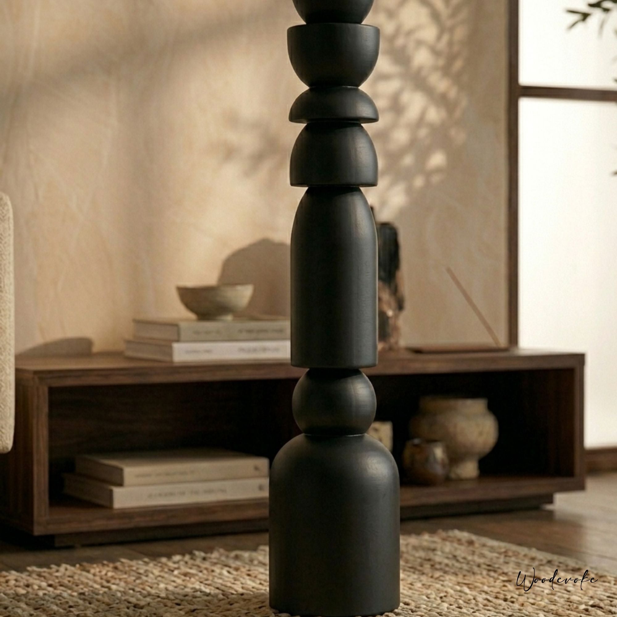 Handcrafted Solid Wood Totem Floor Lamp - Luxury Matte Black Edition