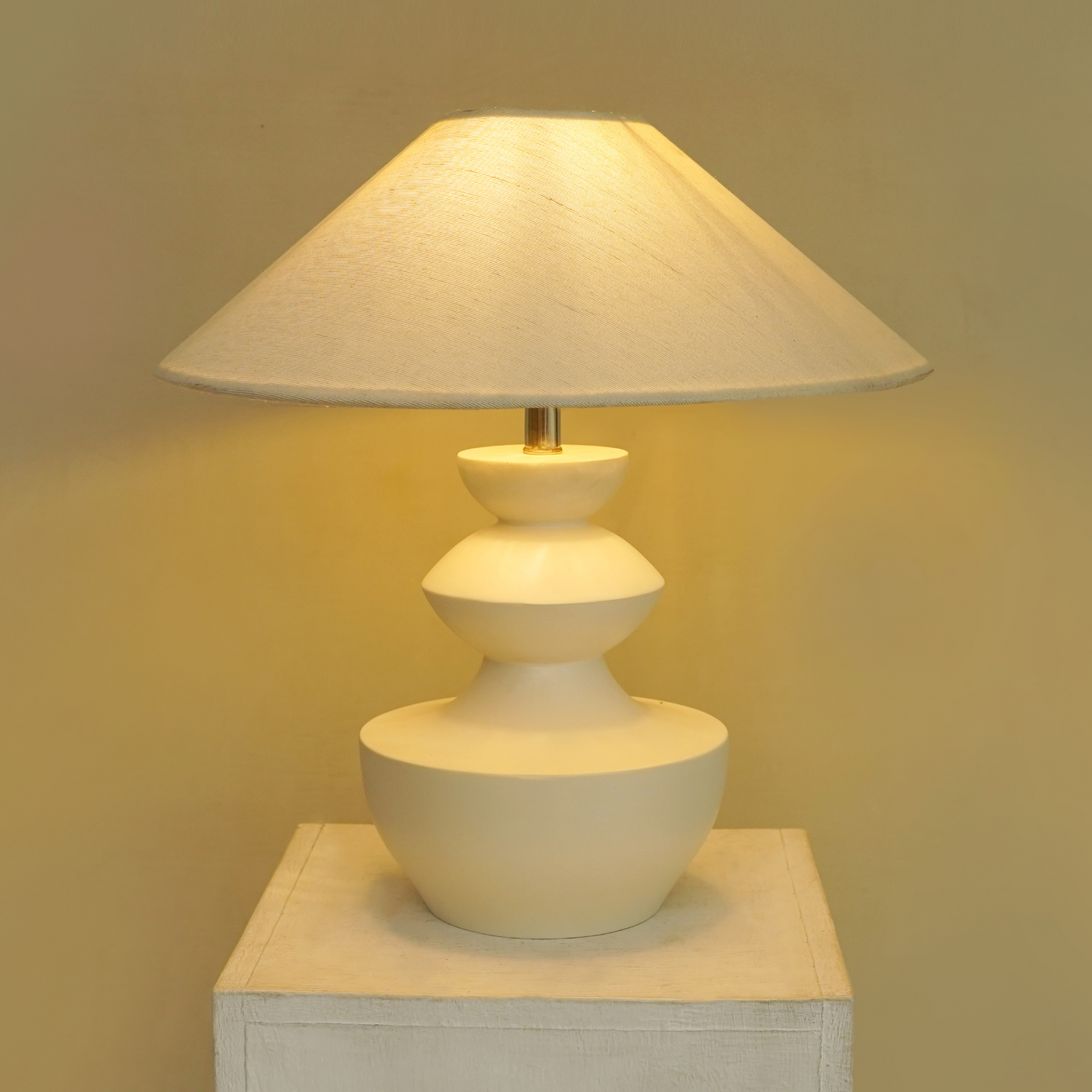 Modern White Polish Sculpted Wooden Table Lamp with Minimalist Linen Shade