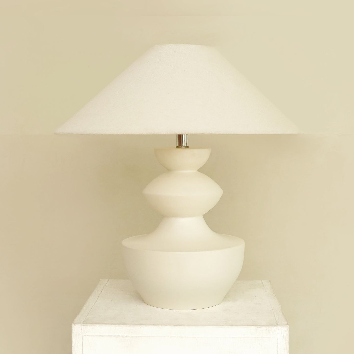 Modern White Polish Sculpted Wooden Table Lamp with Minimalist Linen Shade