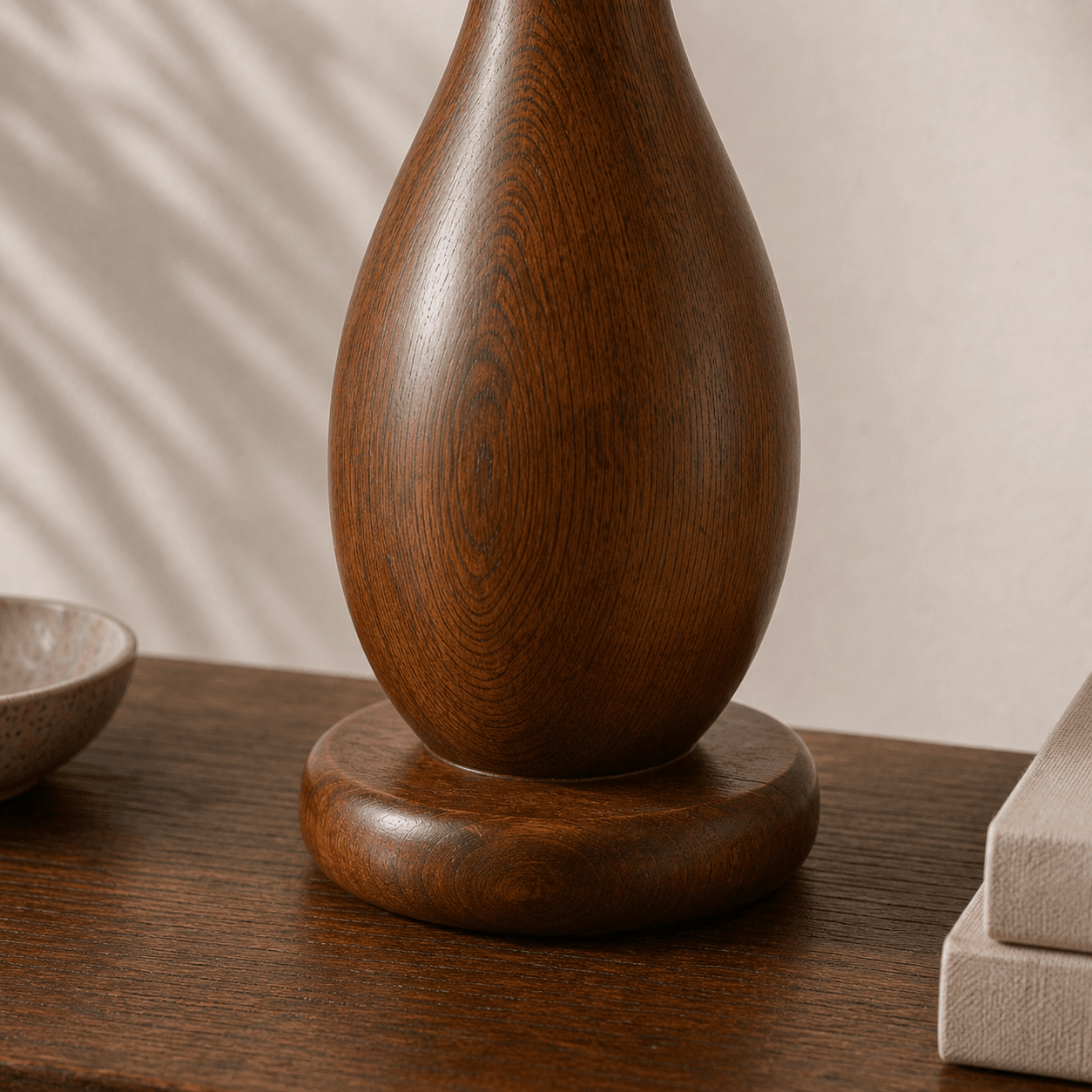 Alpine Pear wooden table lamp side view — Scandinavian design natural wood table lamp Lahore