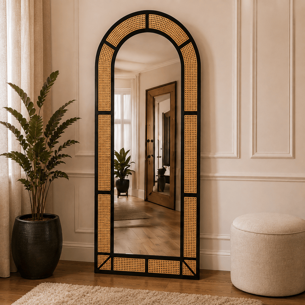 Arched Rattan Cane Floor Mirror – Black Wooden Frame