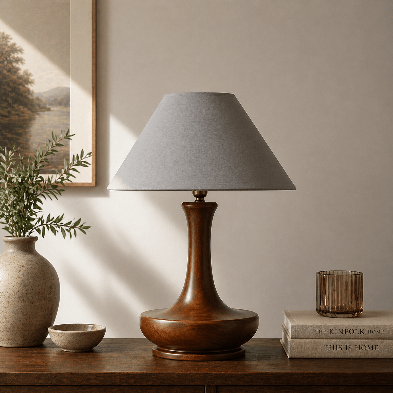 Artisan contour wooden table lamp — handcrafted walnut finish solid wood table lamp Wood Evoke Pakistan