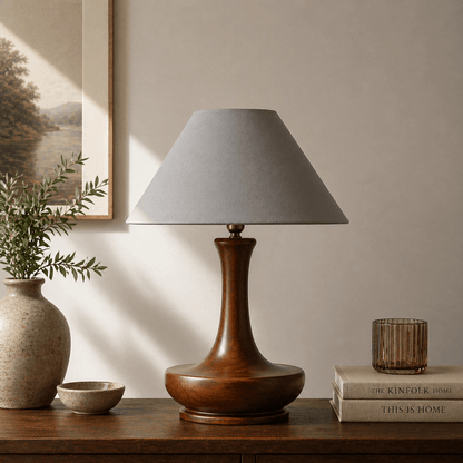 Artisan contour wooden table lamp — handcrafted walnut finish solid wood table lamp Wood Evoke Pakistan