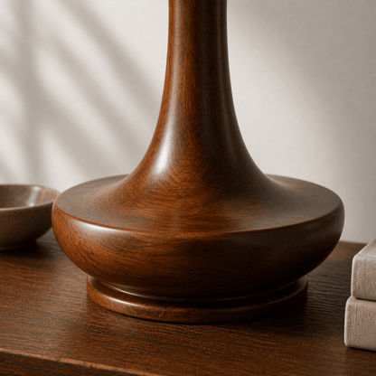 Artisan contour wooden table lamp side view — natural grain solid wood table lamp Lahore