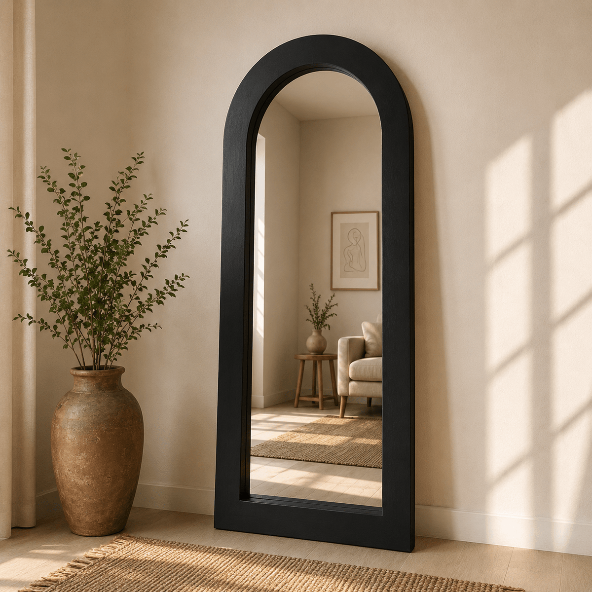 Black arched full length floor mirror with wooden frame by Wood Evoke