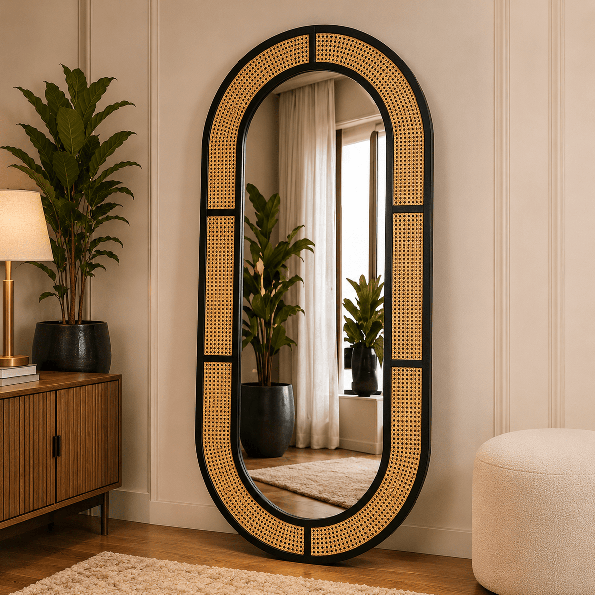 Capsule Rattan Cane Floor Mirror – Black Wooden Frame
