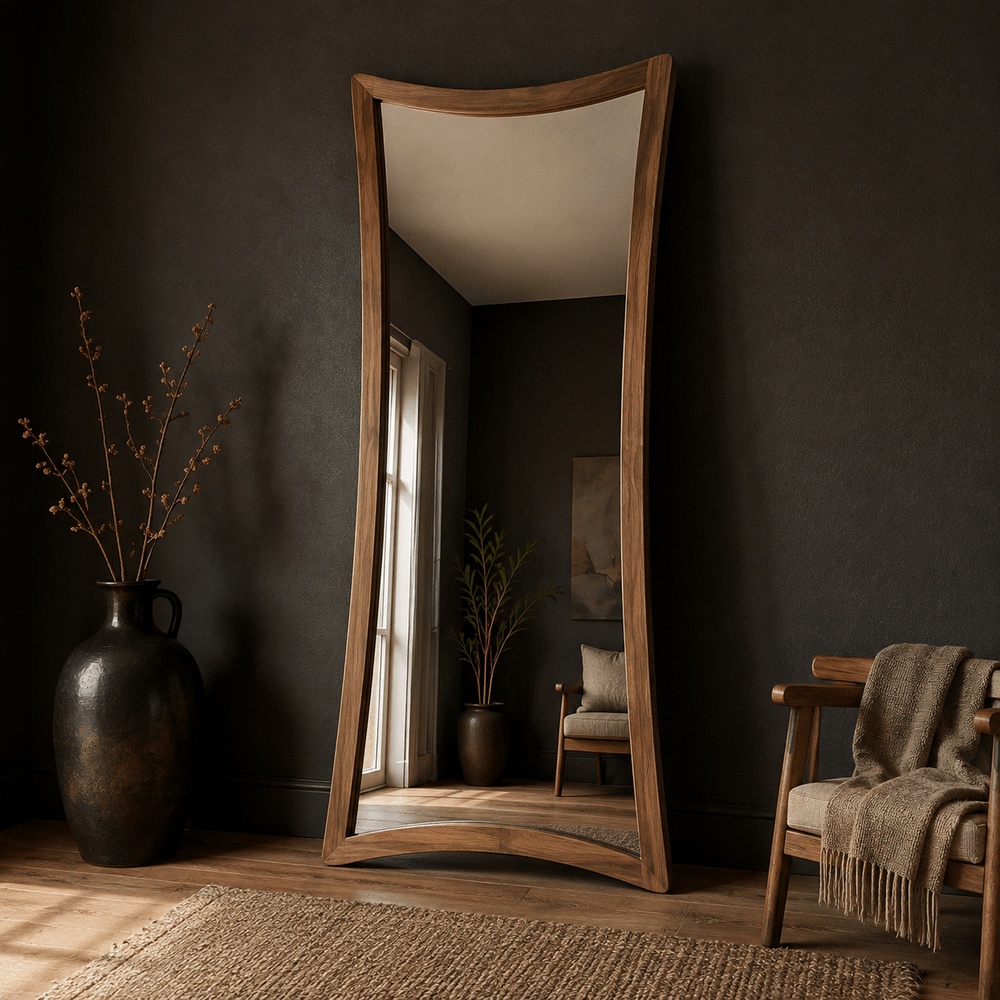 Curved sculptural floor mirror with modern wooden frame by Wood Evoke