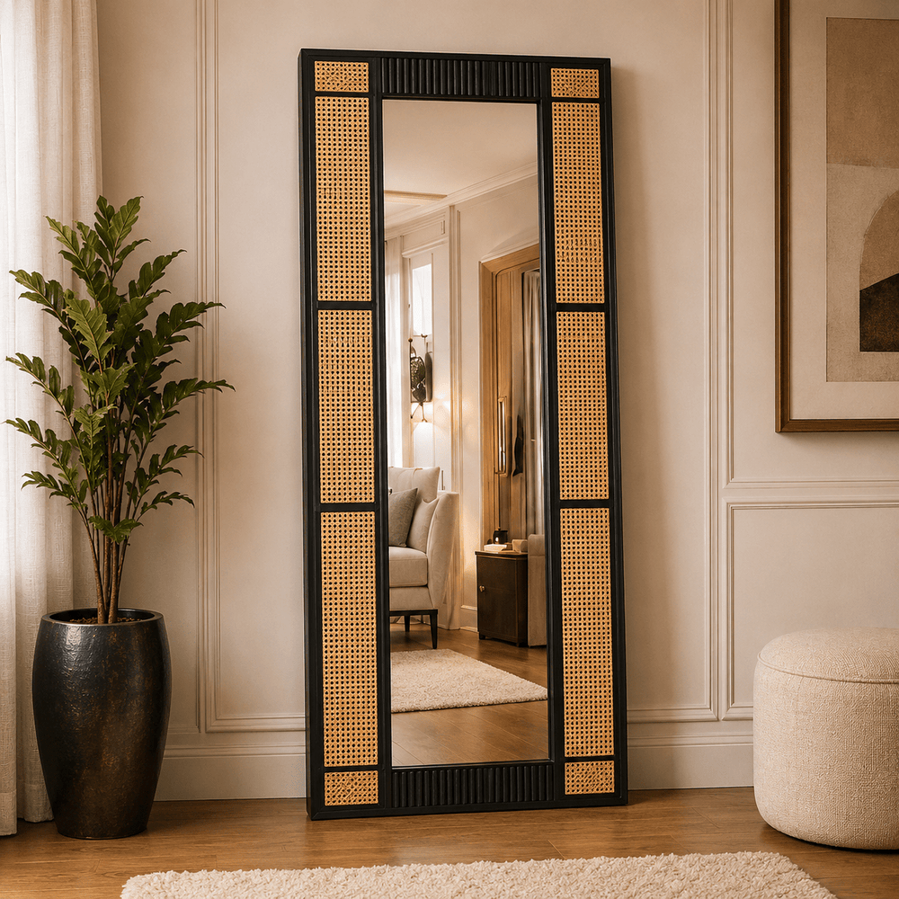 Fluted rattan cane floor mirror with black rectangular frame by Wood Evoke