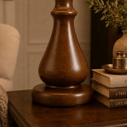 Empire pedestal wooden table lamp side view — natural solid wood table lamp Lahore Pakistan