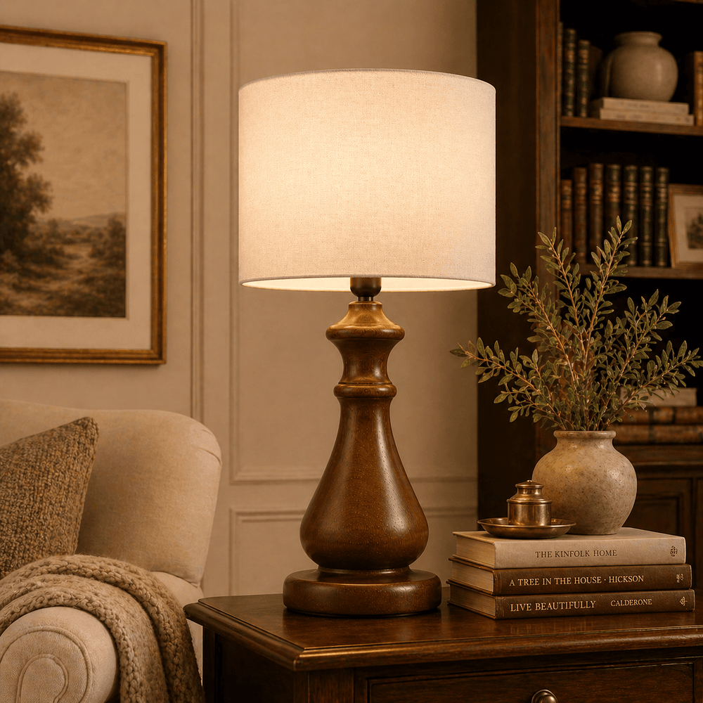 Empire pedestal wooden table lamp — minimalist handcrafted solid wood table lamp Wood Evoke Pakistan