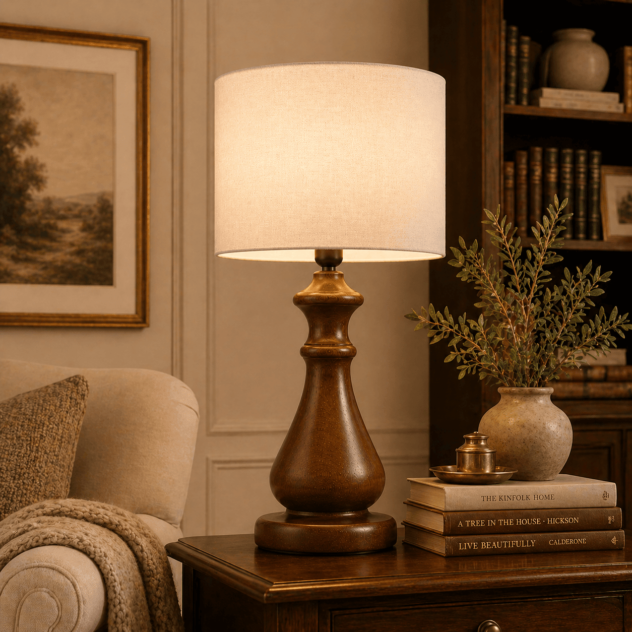 Empire pedestal wooden table lamp — minimalist handcrafted solid wood table lamp Wood Evoke Pakistan
