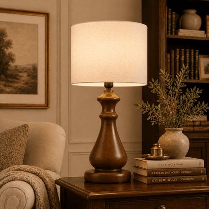 Empire pedestal wooden table lamp — minimalist handcrafted solid wood table lamp Wood Evoke Pakistan