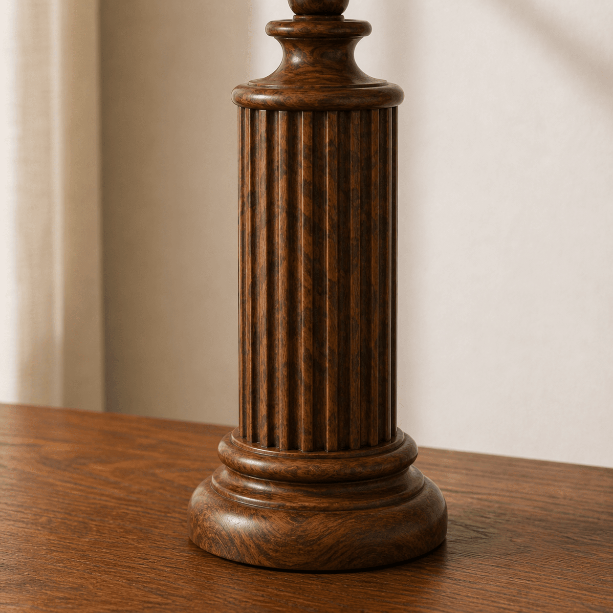 Fluted column wooden table lamp side view — natural solid wood table lamp Lahore Pakistan
