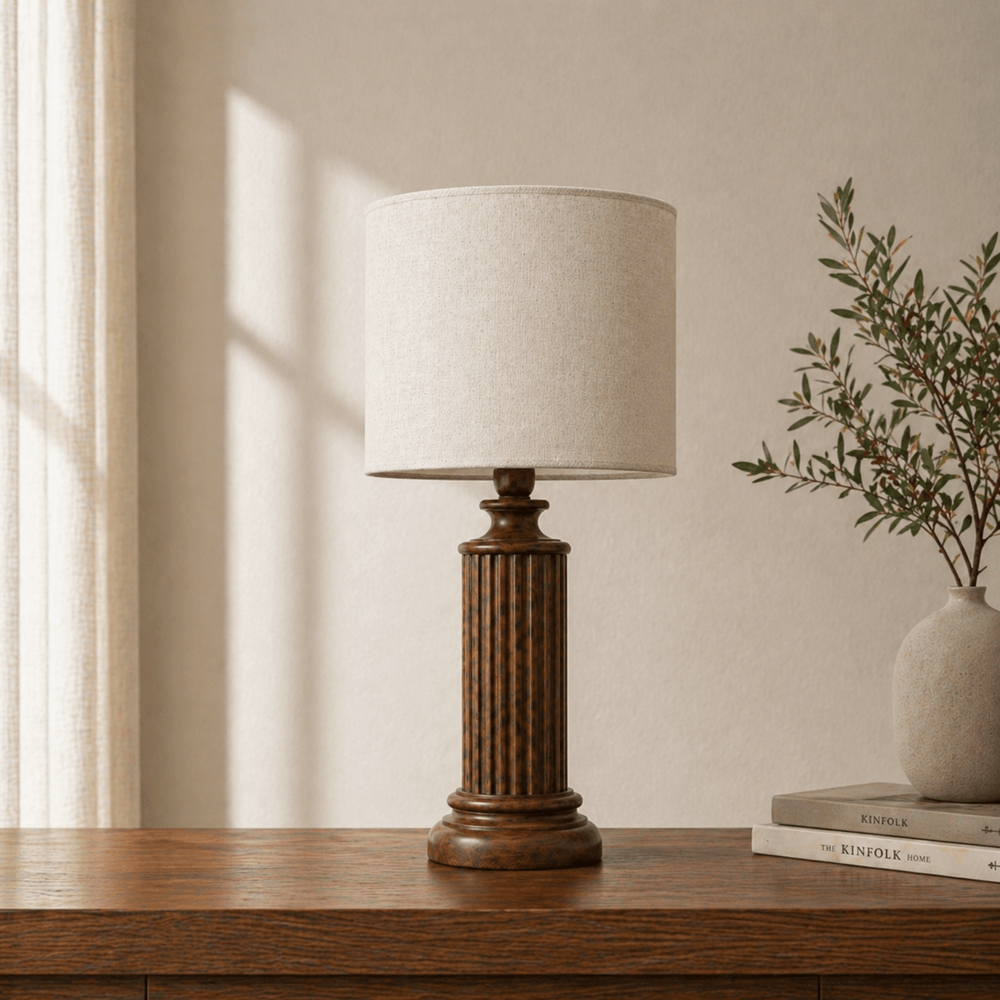 Fluted column wooden table lamp — minimalist handcrafted solid wood table lamp Wood Evoke Pakistan