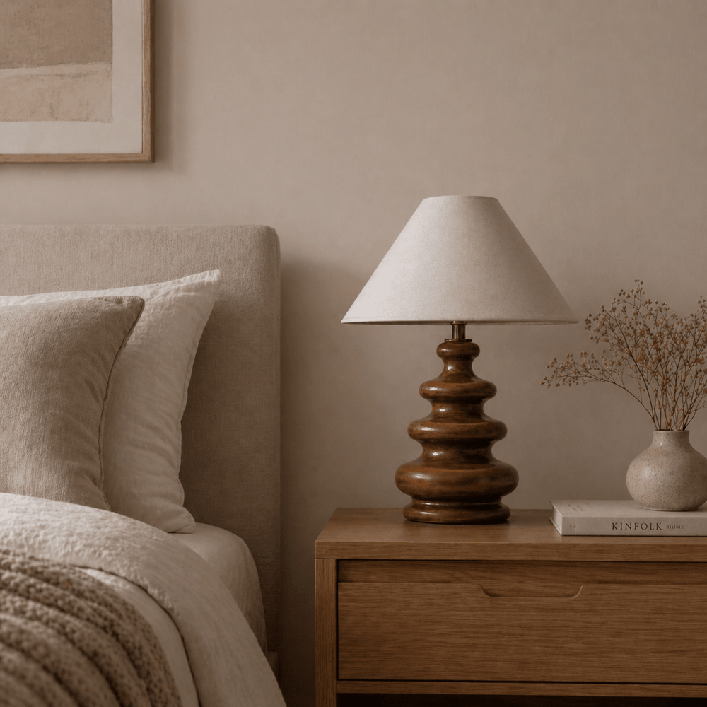 Ribbed totem wooden table lamp — handcrafted natural wood grain solid wood table lamp Wood Evoke Pakistan