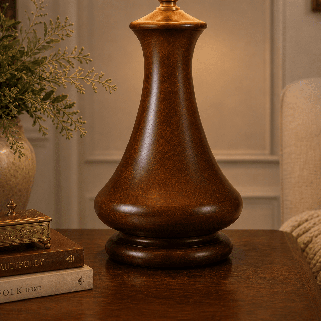 Tapered flare wooden table lamp side view — natural solid wood table lamp Lahore Pakistan
