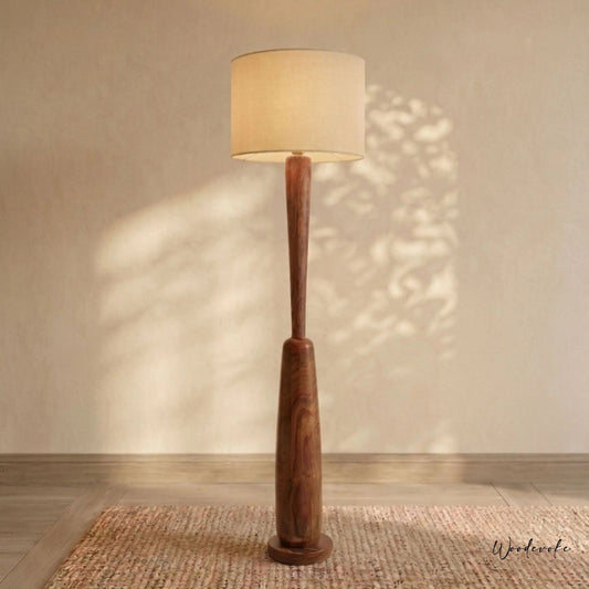 Handmade wooden floor lamp with fabric shade — natural solid wood standing floor lamp Wood Evoke Pakistan