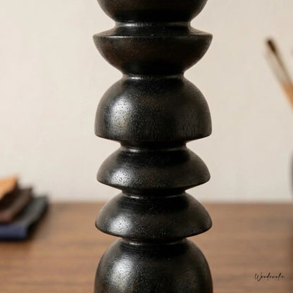 Black stacked wooden table lamp side view — natural solid wood lamp by Wood Evoke Lahore