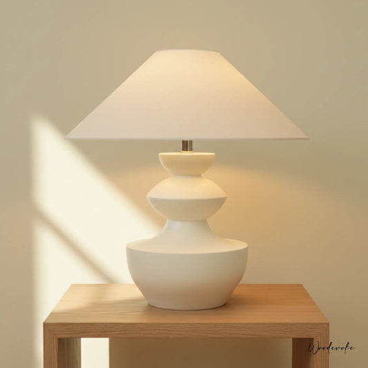 White sculpted wooden table lamp with minimalist linen shade — handcrafted table lamp Wood Evoke Pakistan