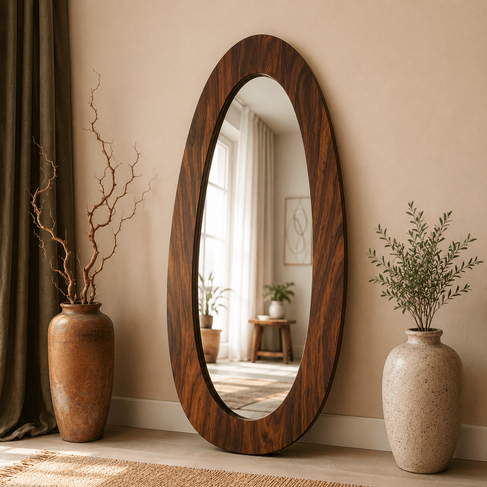 Oval wooden floor mirror with wide dark walnut frame by Wood Evoke