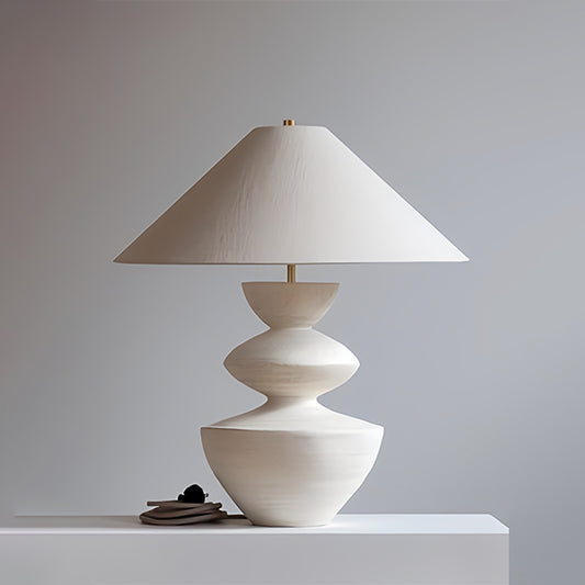 Modern White Polish Sculpted Wooden Table Lamp with Minimalist Linen Shade