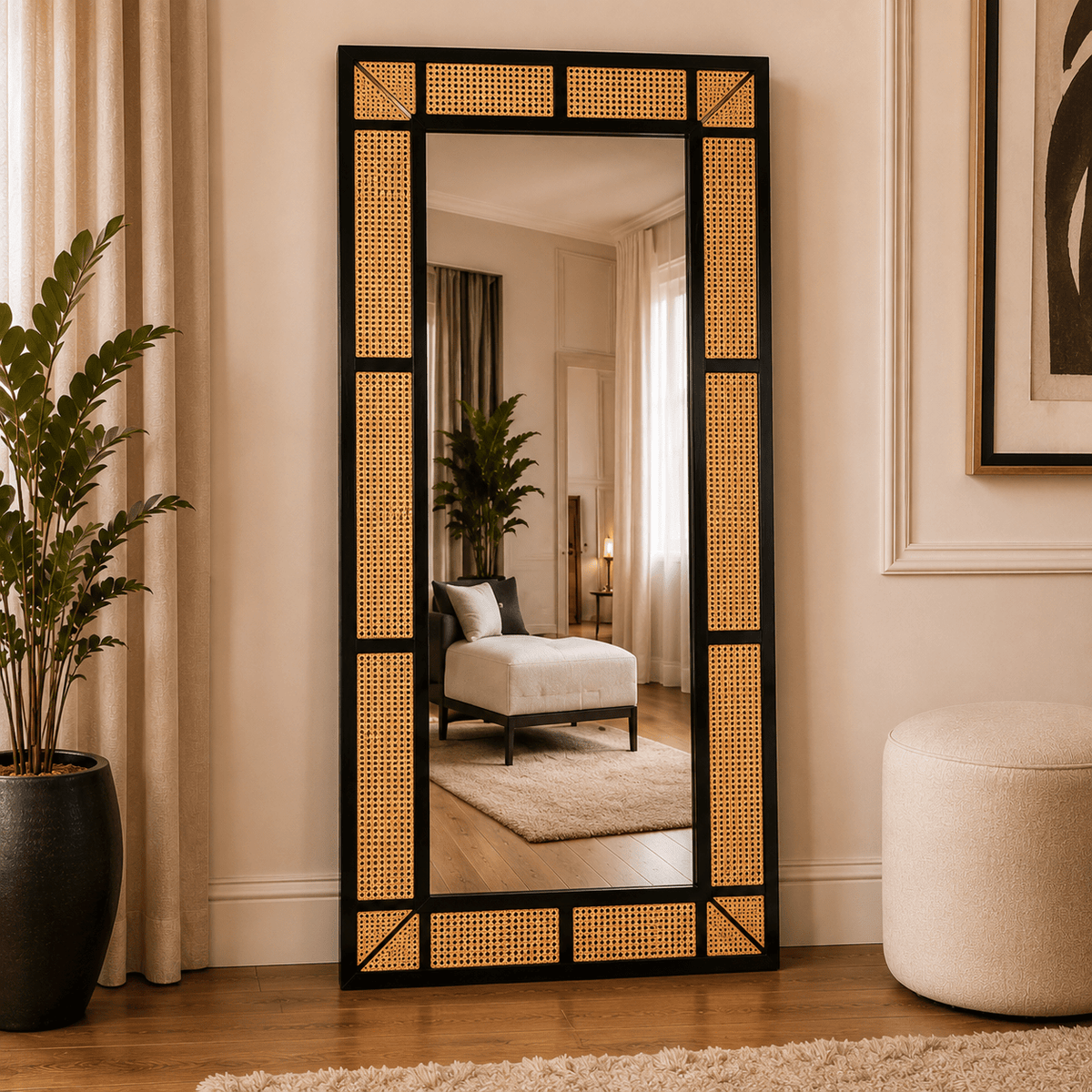 Rattan cane floor mirror with black frame and corner accents by Wood Evoke