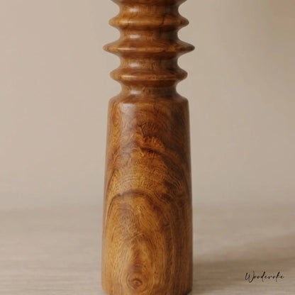 Red wooden table lamp side view — warm rustic natural wood table lamp with fabric shade Wood Evoke
