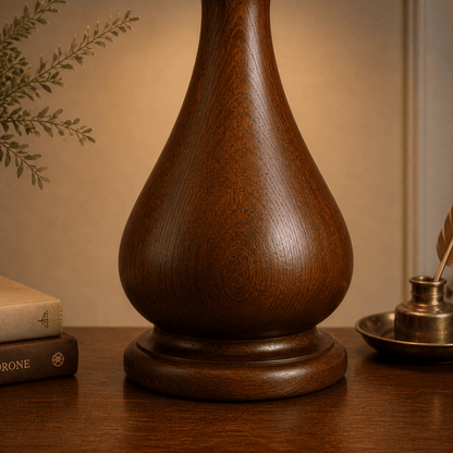 Sculpted Lyre wooden table lamp side view — handcrafted natural wood table lamp Lahore Pakistan