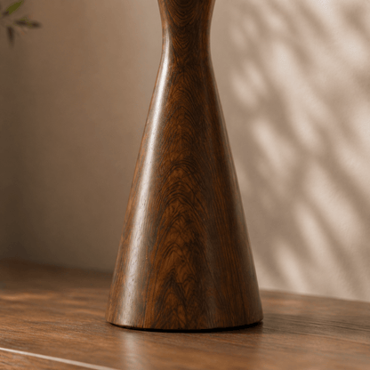 Hourglass wooden table lamp side view — handcrafted natural wood table lamp Lahore Pakistan