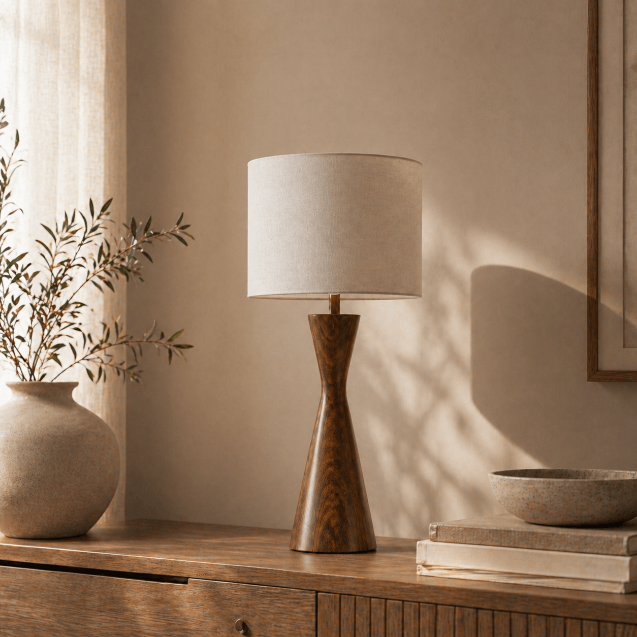 Slim hourglass wooden table lamp — luxury natural grain solid wood table lamp Wood Evoke Pakistan