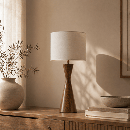 Slim hourglass wooden table lamp — luxury natural grain solid wood table lamp Wood Evoke Pakistan
