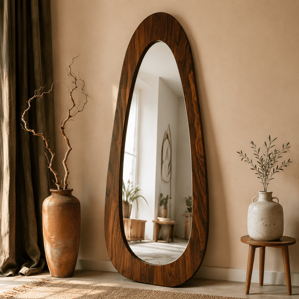 Teardrop wooden floor mirror with organic dark walnut frame by Wood Evoke